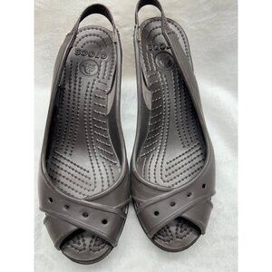 Crocs Women's Farrah Wedge Sandals W7 Brown Sling Back Peep Toe